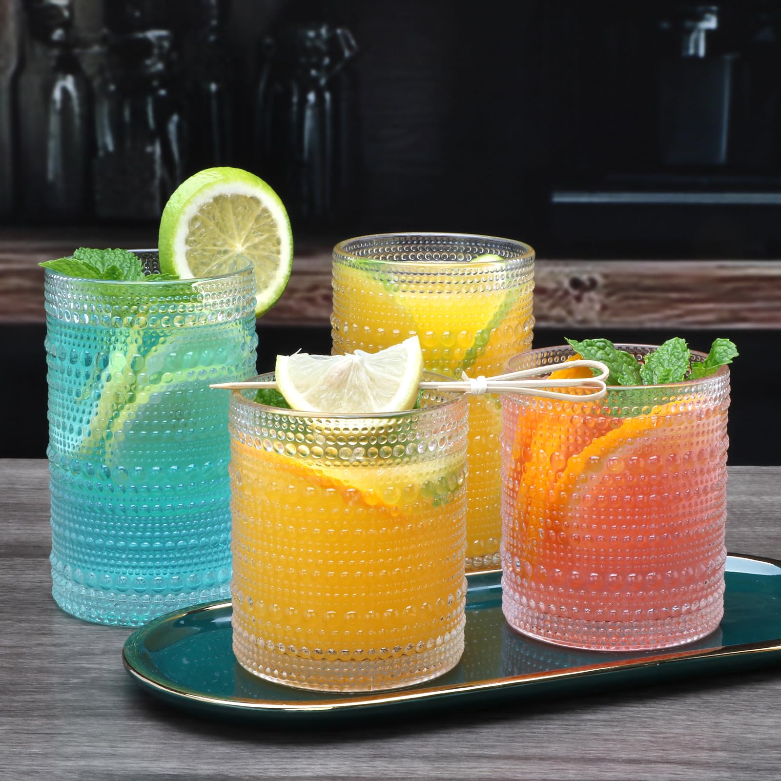 Woaiwo-q Embossed Highball Glasses Set of 12, 10 oz Thick Base Cocktail Drinking Glasses, 12 oz Clear Glassware Set, Glass Cups for Whiskey, Juice, Water, Home Bar & Kitchen, Dishwasher Safe