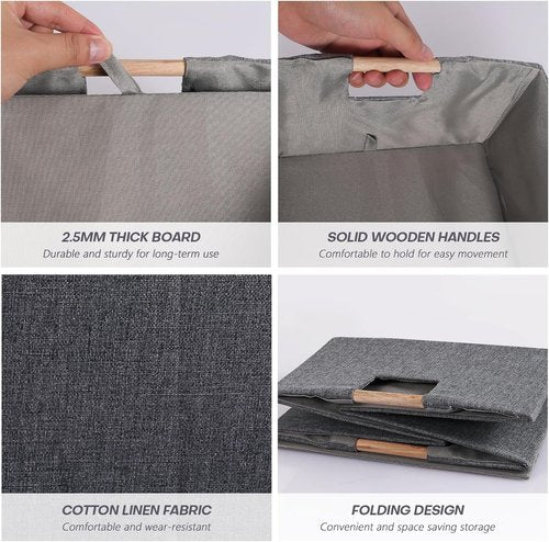 Fabric Storage Bin 3-Pack | Foldable Cotton Linen Baskets with Wooden Handles - Small Gray