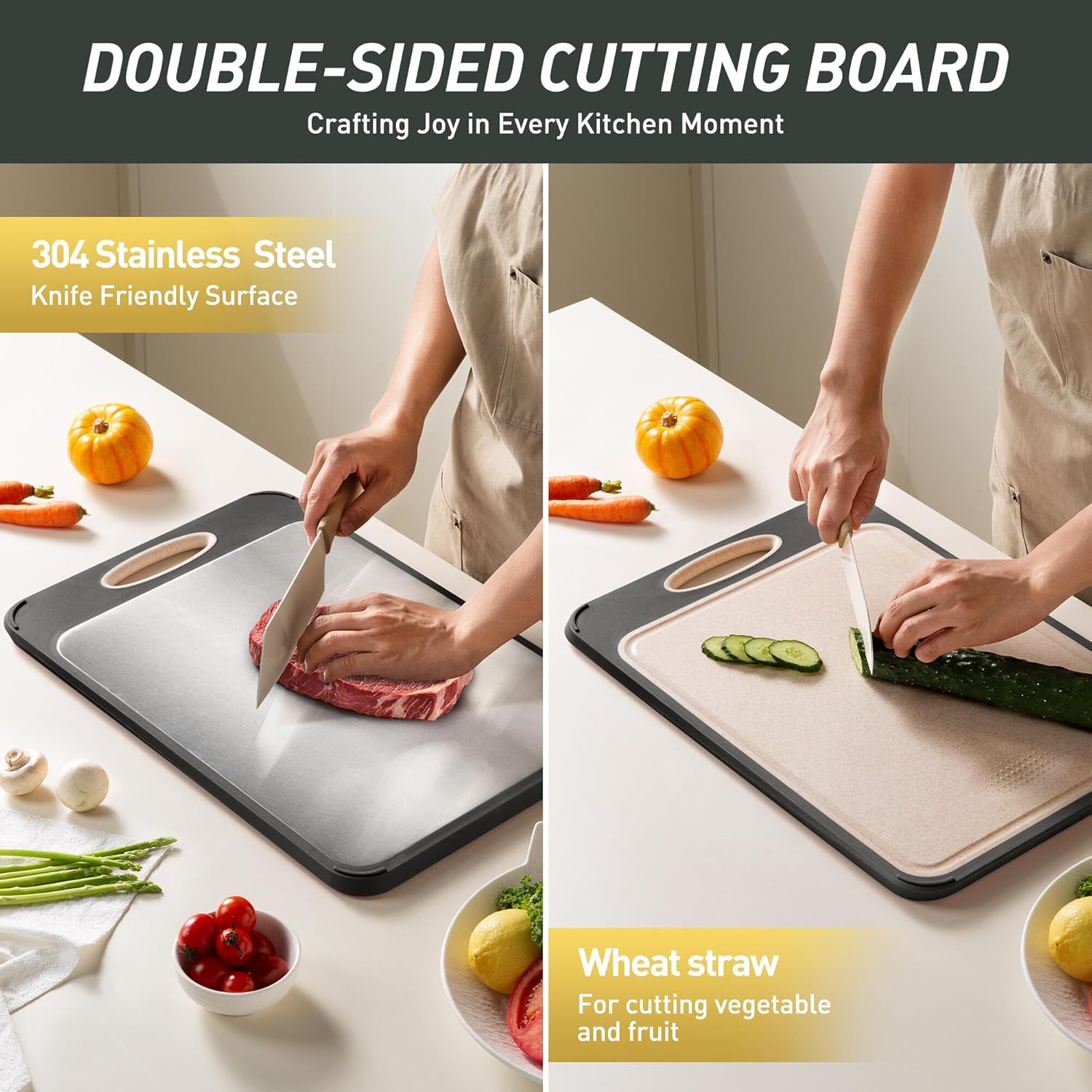 Stainless Steel Cutting Board - Non-Toxic Double-Sided Kitchen Chopping Board for Meat & Vegetables | Large Size 16”L x 11”W