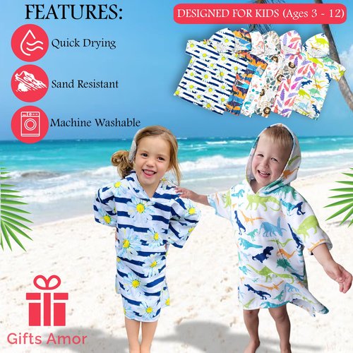 Gifts Amor Hooded Towel, Bath Pool Beach Poncho for Kids, Quick Dry/Sand Resistant, Small (3-10 Year Old), Dinosaurs