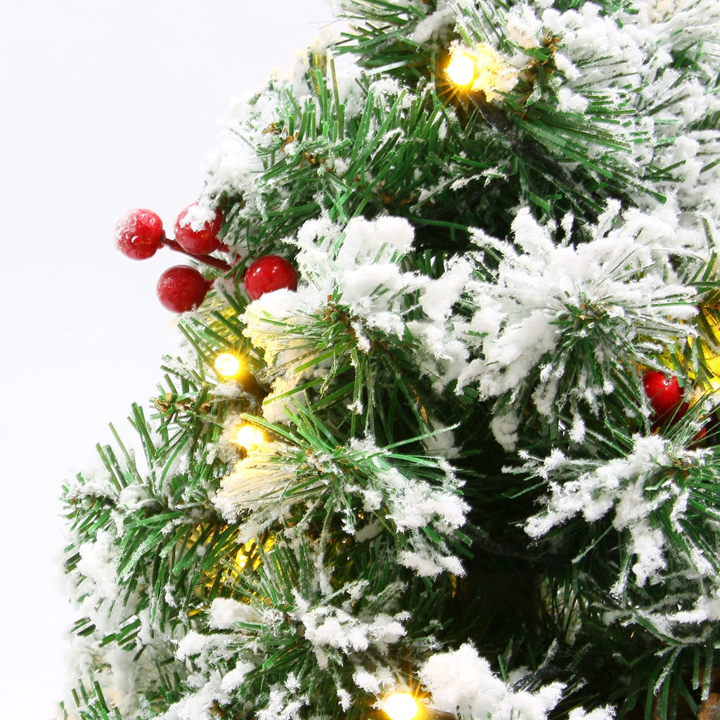 Sunnyglade 21.6 inch Snow Flocked Christmas Tree Artificial Mini Christmas Pine Tree Indoor Tabletop Ornaments Decorations with 30 LED Lights,Red Cloth Base and Pine Cones,White