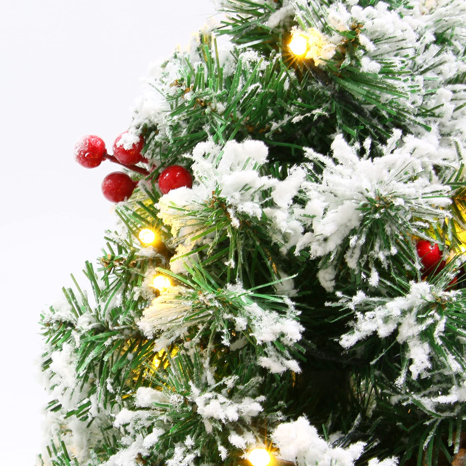 Sunnyglade 21.6 inch Snow Flocked Christmas Tree Artificial Mini Christmas Pine Tree Indoor Tabletop Ornaments Decorations with 30 LED Lights,Red Cloth Base and Pine Cones,White