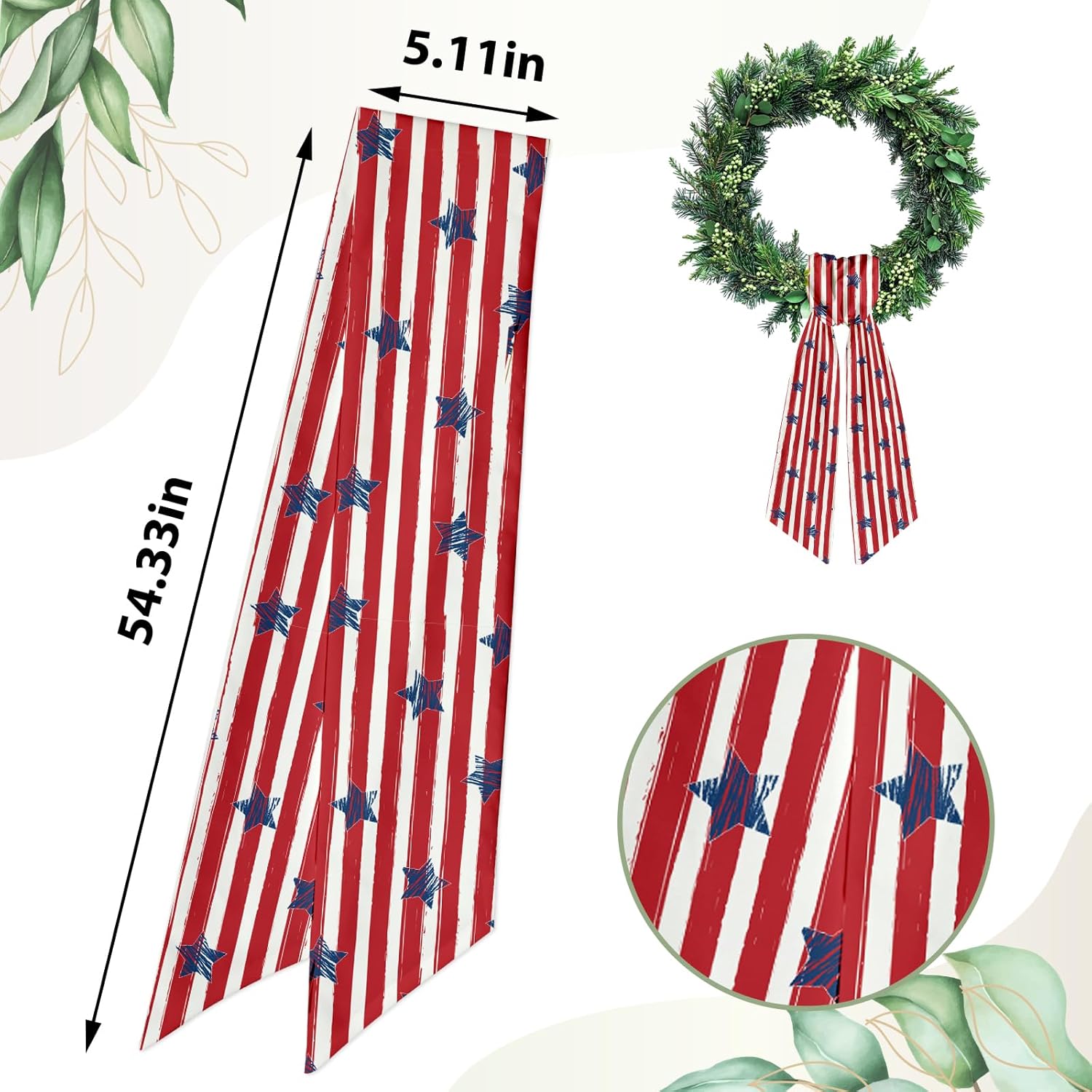 Patriotic Wreath Sash - Red & White Stripe Satin Ribbon for Indoor/Outdoor Decor | 5.1 x 54.3 Inches