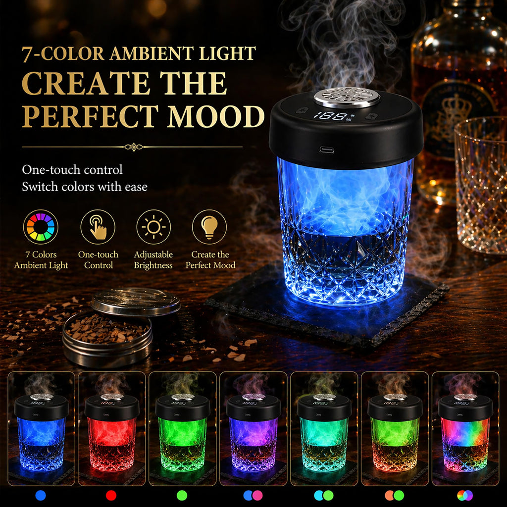 Electric Whiskey Smoker Kit, Torch-Free Rechargeable Cocktail Smoker with 7 Color Lights, All-in-1 Gift Set with 2 Wooden Whiskey Glasses, 10 Wood Chips, Ice Molds & Steel Cubes for Men, Dad