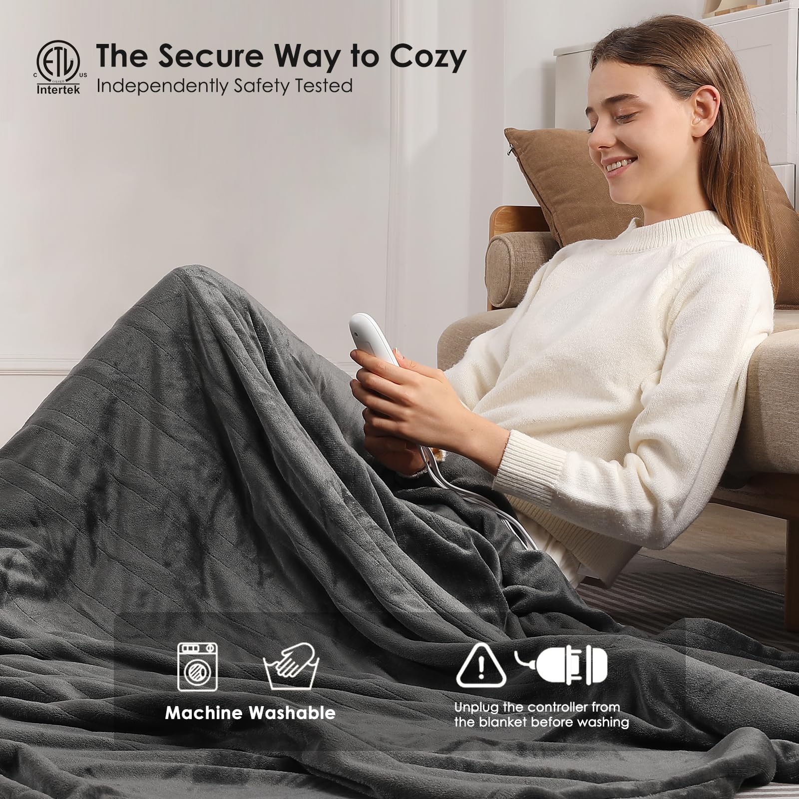 Heated Blanket Full Size Electric Blanket 72" X 84" with 5 Heating Level & 10 Hour Auto Off, Ultra-Warm Selected Flannel Heating Blanket for Adults, Machine Washable, Gifts for Grandma(Charcoal Grey)