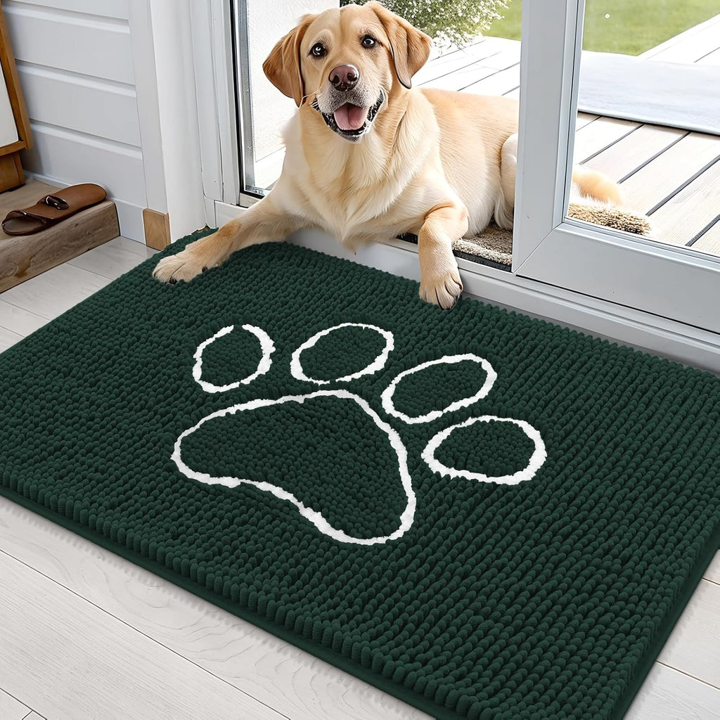 OLANLY Dog Door Mat - Absorbent Non-Slip Mud Mat for Muddy Paws | 36x24 Paw Print Design, Quick Dry Chenille, Blackish Green