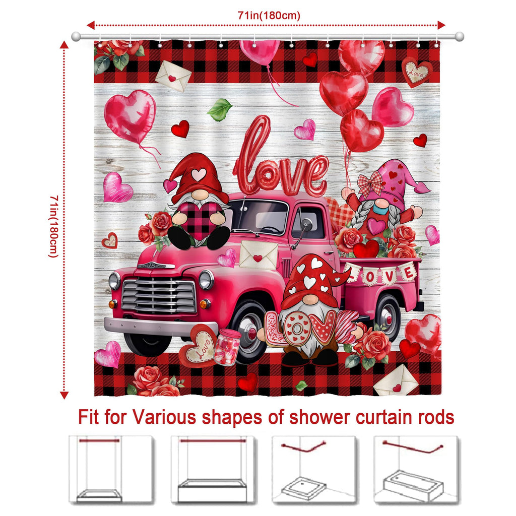 Unibyby Valentines Day Shower Curtain, Valentine Curtain for Bathroom, Red Valentine's Truck and Gnomes with Buffalo Plaid Waterproof Bath Curtains with Hooks for Decorations Gifts, 71x71 Inches