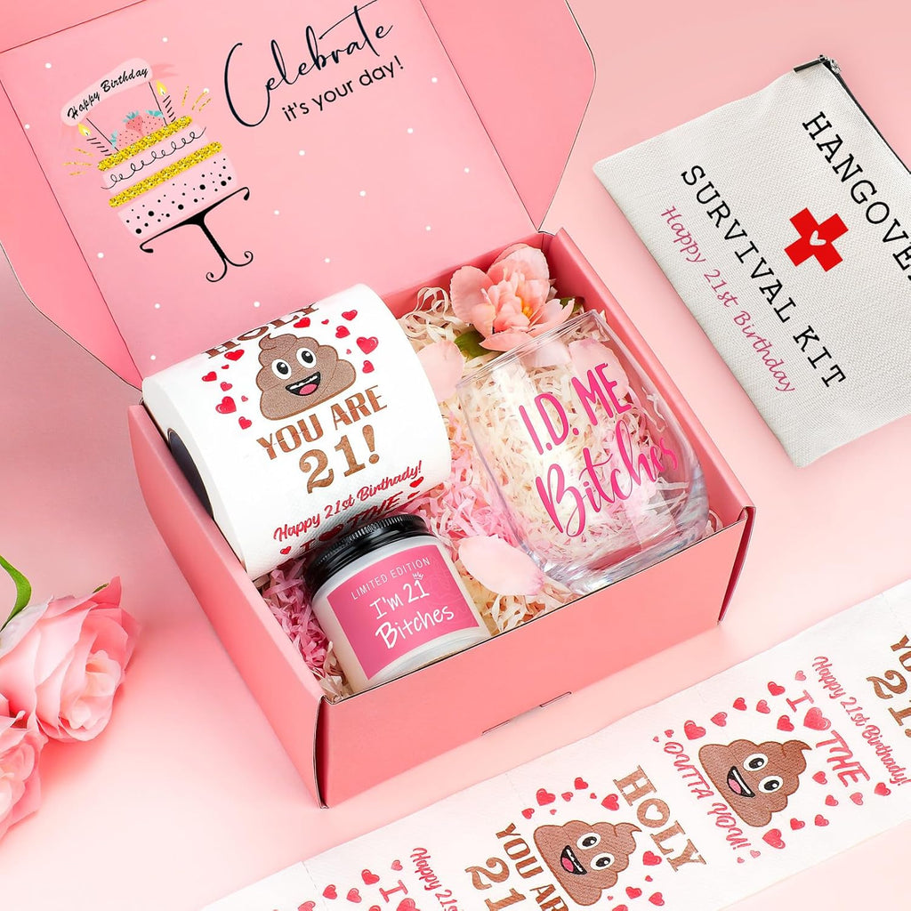 Skiennix 21st Birthday Gifts for Her | Unique & Funny 21-Year-Old Gifts - Wine Glass, Candle & Makeup Bag