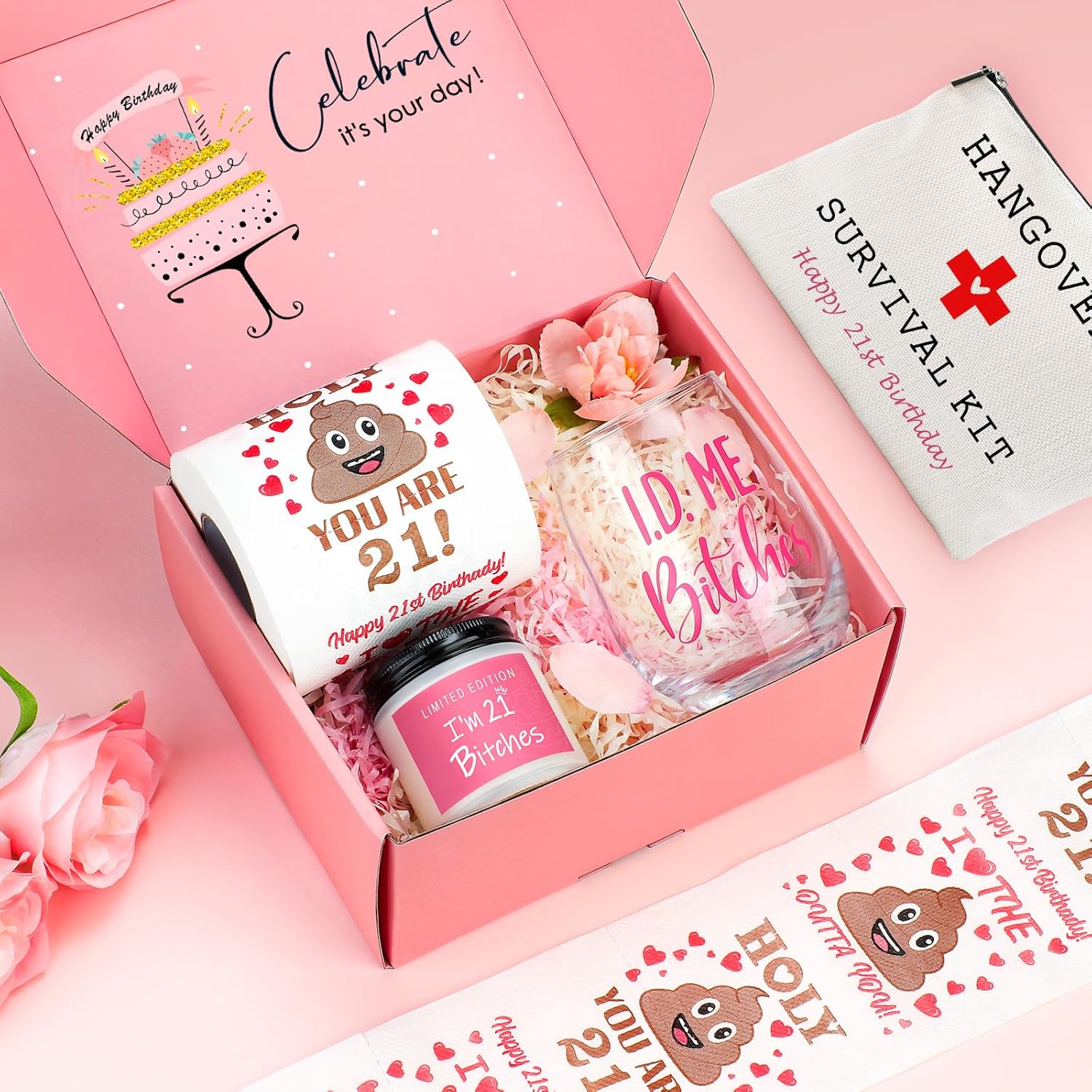 Skiennix 21st Birthday Gifts for Her | Unique & Funny 21-Year-Old Gifts - Wine Glass, Candle & Makeup Bag
