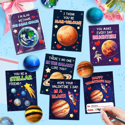 Valentines Day Gifts for Kids, 27 Pack Valentines Day Cards for Kids School with 9 Salor System Planets Balls, Bouncy Space Balls for Classroom Prize Exchange, Party Favors, Goodie Bag Stuffers