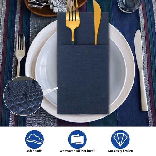 Cindeer 150 Pcs Navy Blue Linen Dinner Feel Napkins with Built in Flatware Pocket Prefolded Paper Disposable Airlaid Guest Hand Towel for Silverware Wedding Reception Christmas Baby Shower