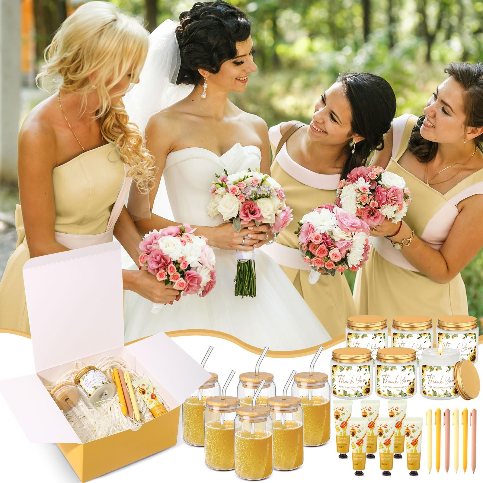 Reallnaive 6 Sets Baby Shower Prizes for Game Winners, Baby Shower Favors Including Glass Cup Scented Candles Hand Cream Pens Gift Box with Raffia for Gender Reveal Wedding Bridal Party Prizes(Yellow)