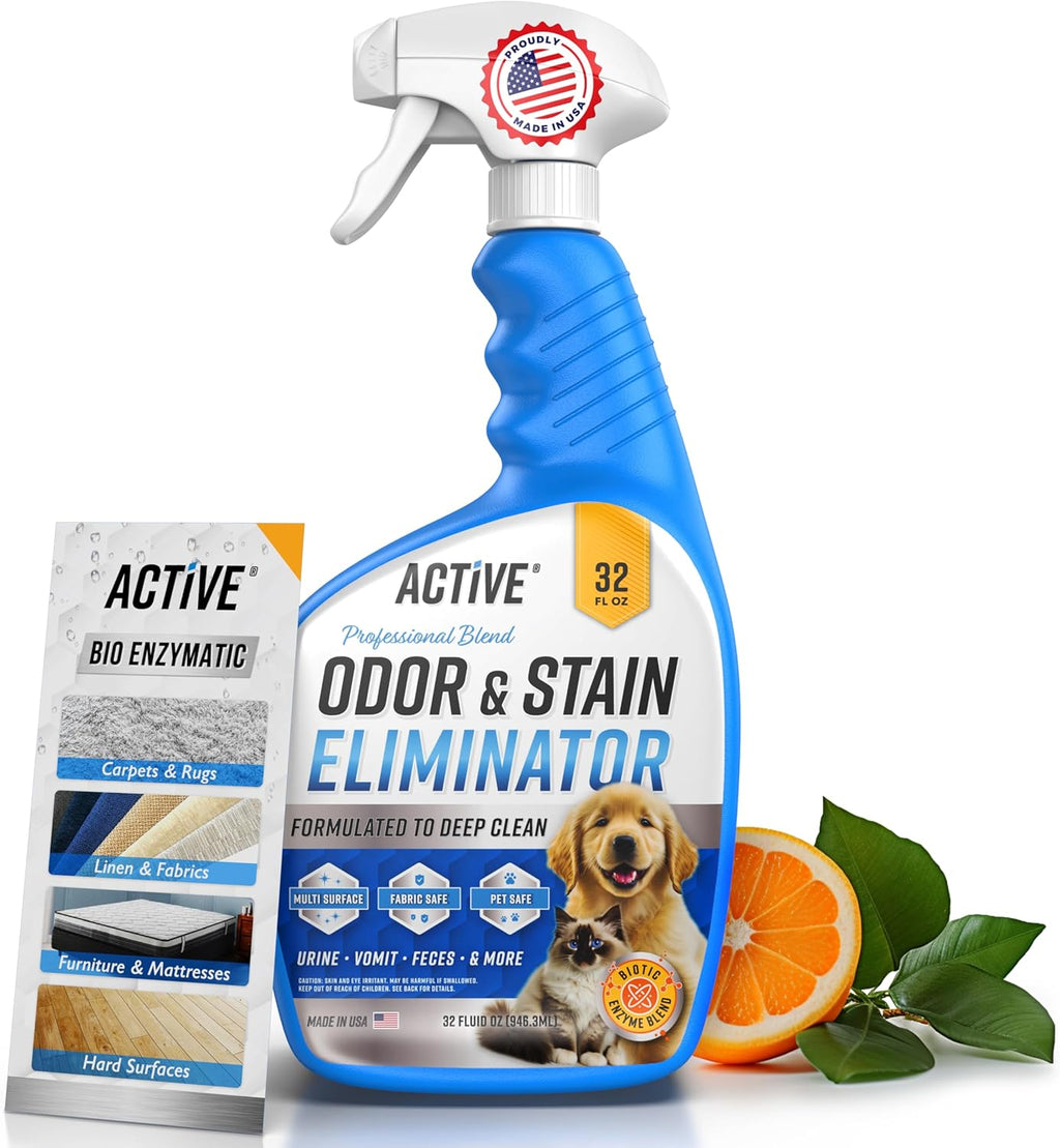 Pet Odor and Stain Eliminator by ACTIVE - 32 oz Enzyme Cleaner for Dog & Cat Urine | Natural Citrus Deodorizer
