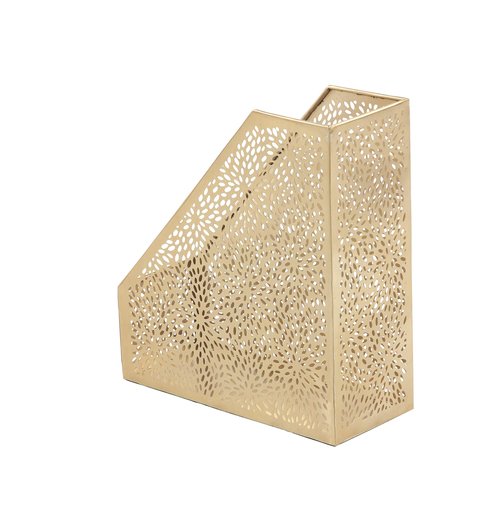 CosmoLiving by Cosmopolitan Metal Single Slot Magazine Holder with Laser Carved Floral Design, 5" x 10" x 12", Gold