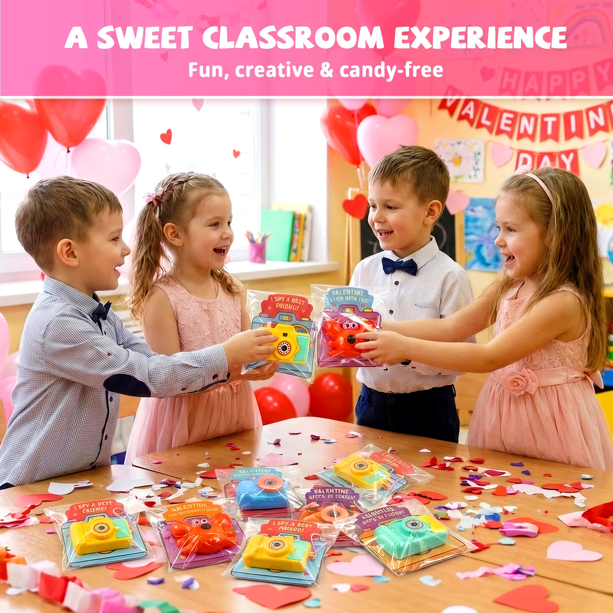 Valentines Day Cards for Kids School – 28 Pack Kids Viewfinder Toy Cameras with Greeting Cards, Classroom Exchange Valentine Gifts for Boys and Girls, Cards + Toys Bulk Set for School Valentine Party