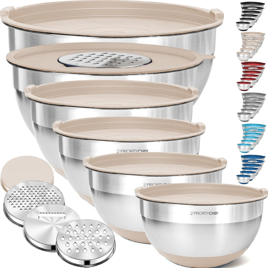 Priority Chef 6-Piece Stainless Steel Mixing Bowl Set - Non-Slip Bases & Airtight Lids in Khaki