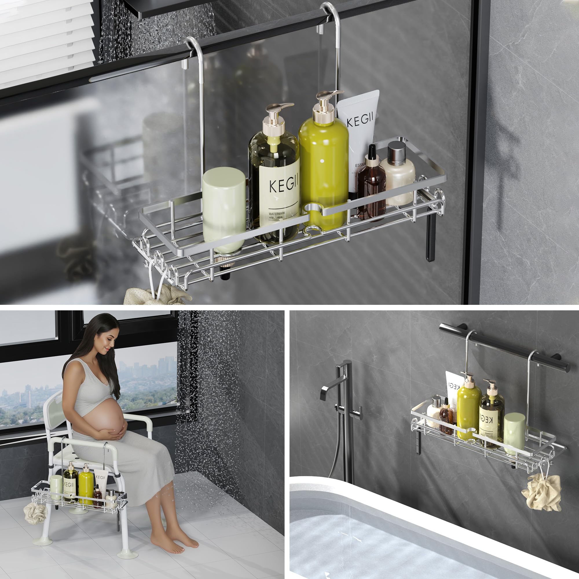 KEGII Hanging Shower Organizer - Shower Rack Hanging Rustproof, Shower Chair Caddy with Shower Head Holder for Post-Surgery Patient/Elderly User, Hanging Shower Basket on Bath Seat