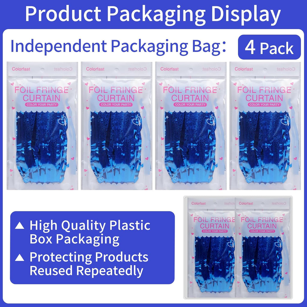 Picoway Foil Fringe Tinsel Backdrop Curtains - 4 Pack for Birthday & Bachelorette Party Decor | Blue