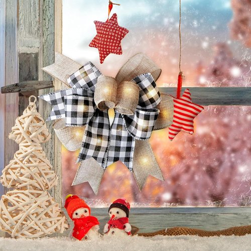 LED Christmas Wreath Bow by Buffalo Plaid - Rustic Black & White Burlap with Lights | 9.5 x 13 Inch