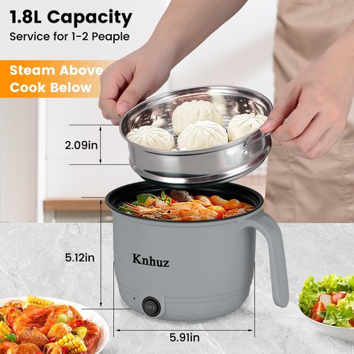 Hot Pot Electric With Steamer,Rapid Ramen Cooker,1.8L Mini Portable Self Heating Electric Pot For Cooking Noodles Steak Pasta,Shabu Shabu Hotpot Pot Electric Dorm Lazy Pot,Non-Stick Gray