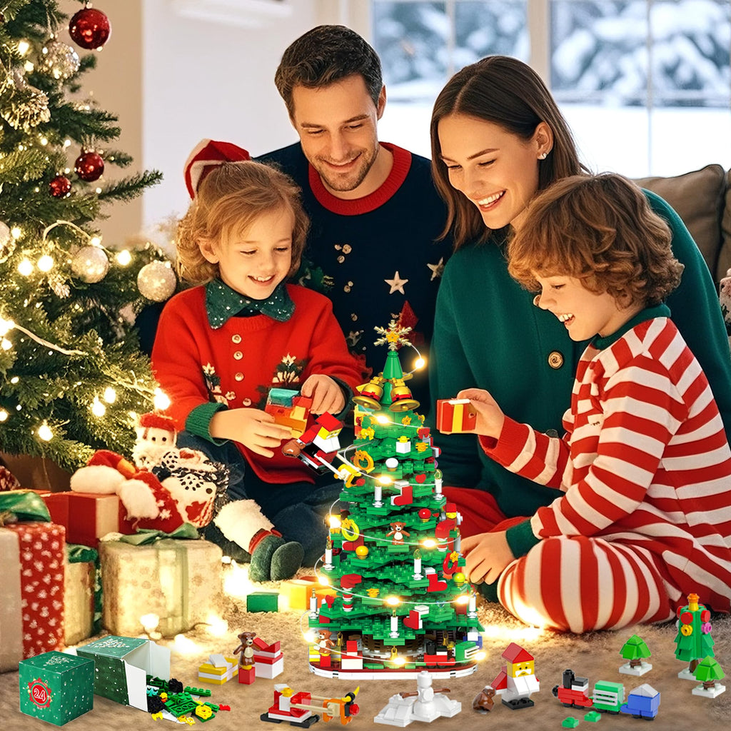 Advent Calendar 2025 Adult Kids Girls Boys Teens Women Men Christmas Tree Building Set,24 Boxes 1100+ Pcs Christmas Countdown Calendar Building Blocks with LED Light stocking stuffers for kids