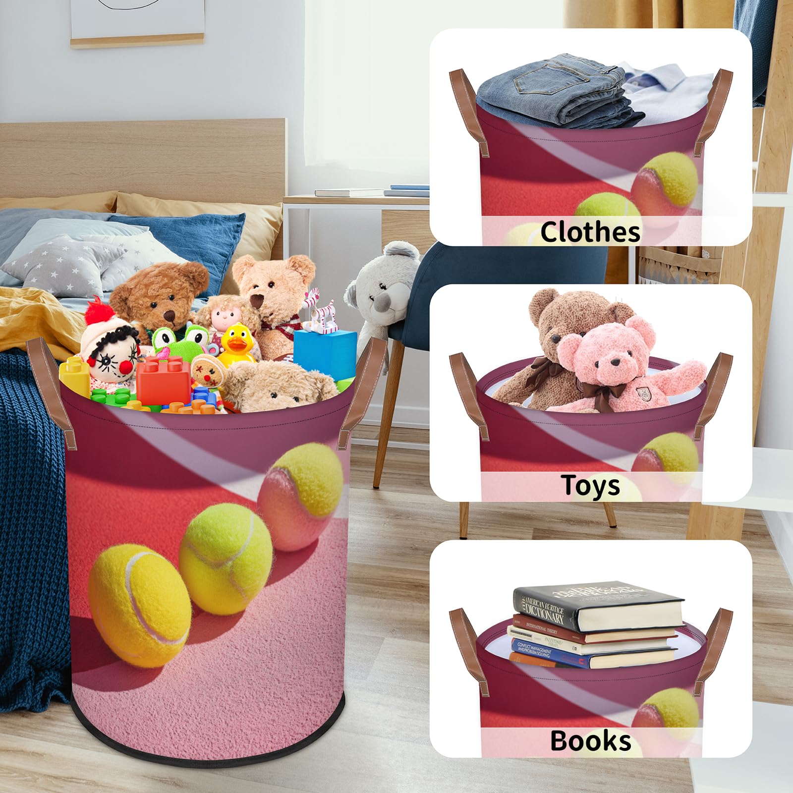 FZDXZJJ Large Round Laundry Storage Basket - Tennis Bin with Handles, Collapsible Box for Home, Office, Toy Organizer, Bedroom, Lving Room, Home Decor