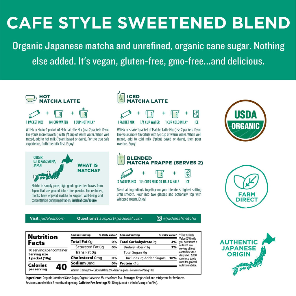 Jade Leaf Matcha Organic Matcha Latte Mix - Lightly Sweet Premium Barista Crafted Matcha Powder Stickpacks - Japanese Matcha Powder - 0.35 Ounce (Pack of 100)