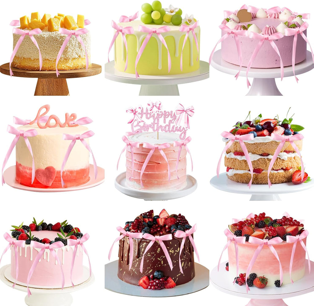 Tmtains 21Pcs Pink Bow Cake Toppers - Glitter Happy Birthday Sign & Cute Party Decorations