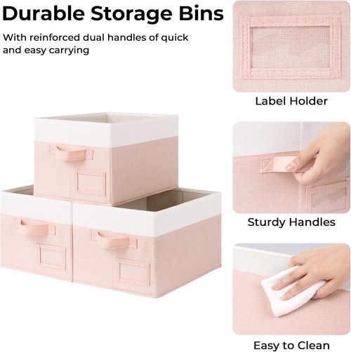 Granny Says Storage Baskets - Medium Fabric Organizing Bins | Pink & Ivory, 3-Pack for Closet & Shelf