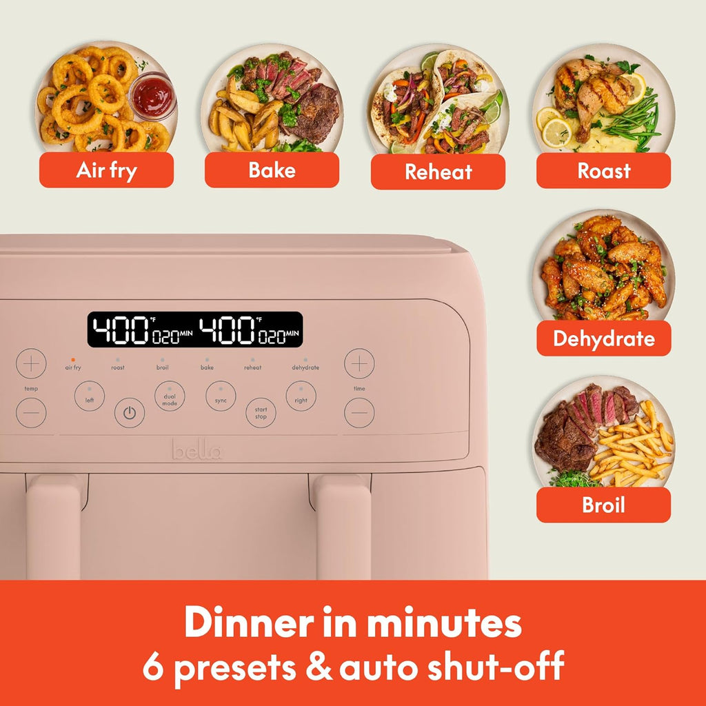 Bella 4 Qt TriZone Air Fryer - EverGood™ Ceramic Nonstick, Dual Basket Design | Digital Touchscreen, 1200W