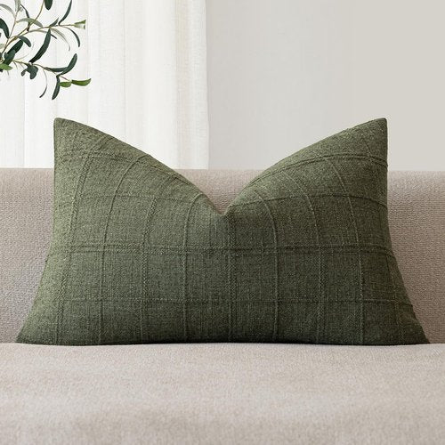Foindtower Set of 1 Decorative Linen Check Throw Pillow Cover Neutral Farmhouse Lumbar Cushion Cover Modern Boho Home Decor for Sofa Chair Couch Bedroom Living Room,12×20 Inch,Olive Green