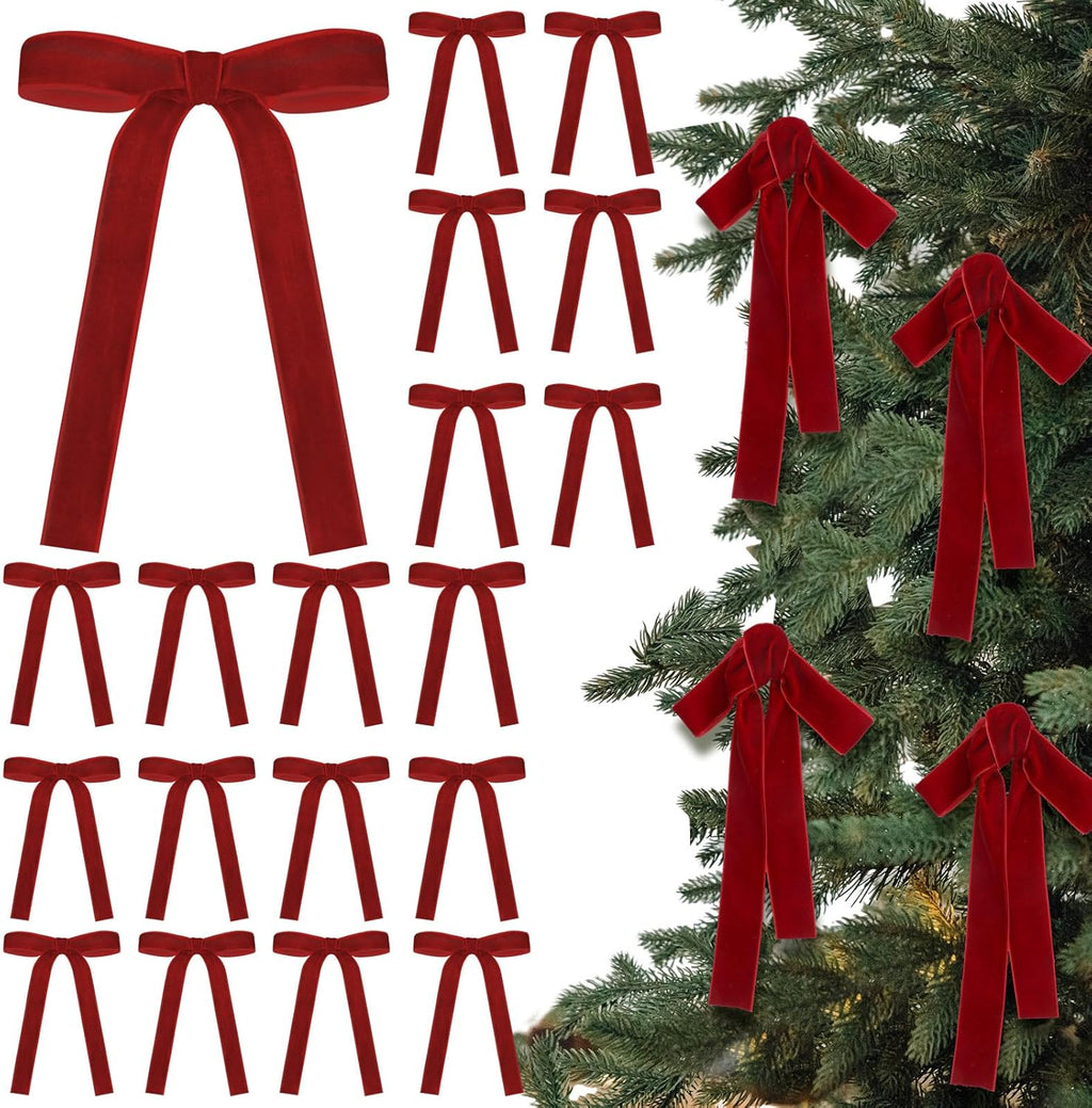 Skiennix 24 Pcs Velvet Bows - Vintage Ribbon Bows for Christmas Tree & Crafts | Dark Red, 5 x 7 Inch