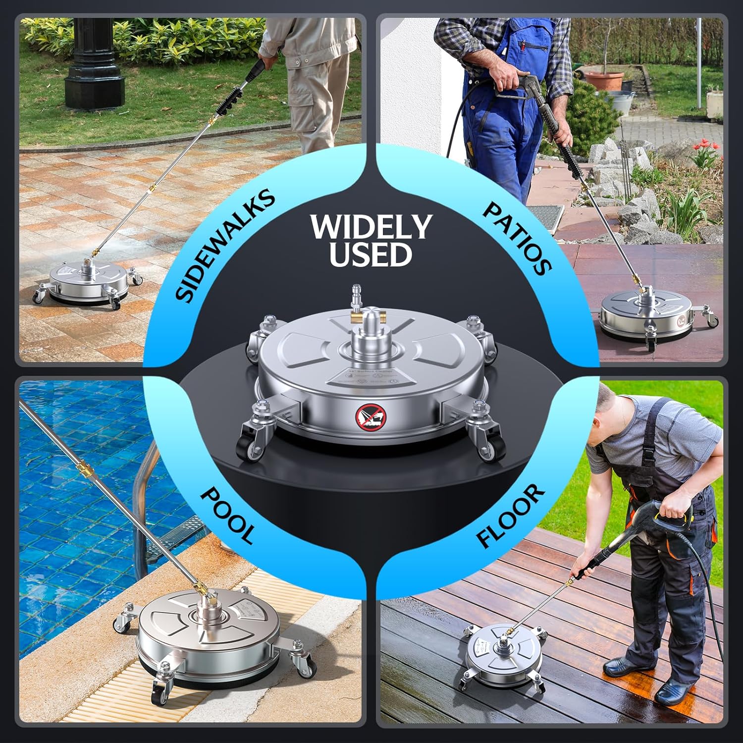 Pressure Washer Surface Cleaner - 14" 4500 PSI | Durable 304 Stainless Steel, 4 Wheels & 2 Wands