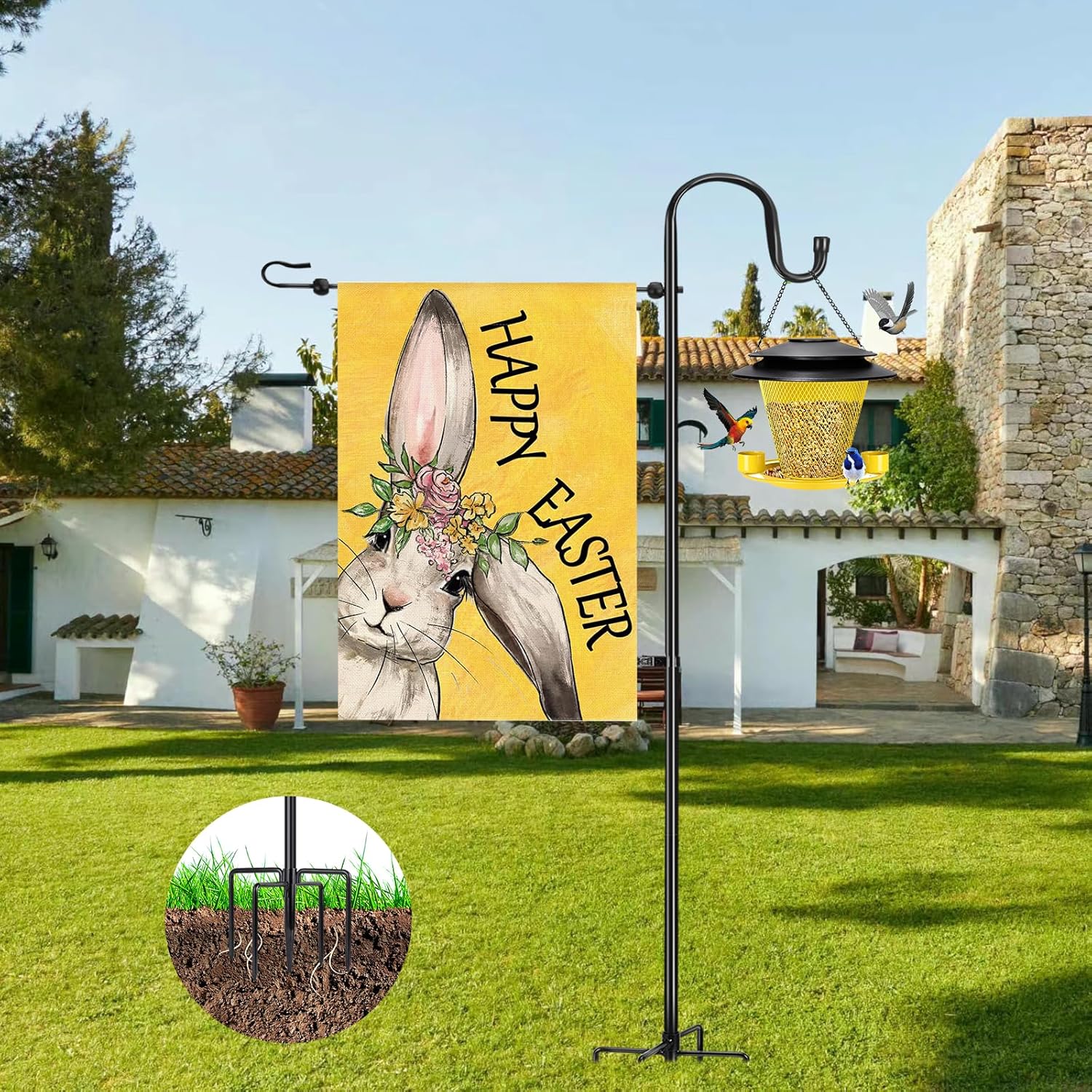 Skiennix Garden Flag Stand - Heavy Duty Holder for 12x18 Flags | 46-Inch Shepherd Hook for Patio & Yard Decor
