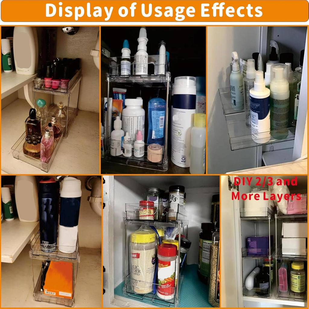 Yieach 4 Set Bathroom Organizers - 2 Tier Clear Under Sink & Medicine Cabinet Storage | Ideal for Kitchen & Pantry