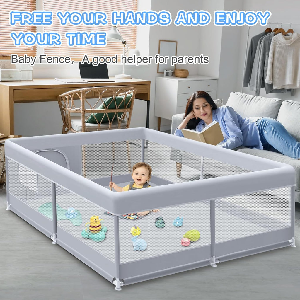 XVISHX Baby Playpen - 50 x 50 Inch Indoor & Outdoor Playard with Soft Mesh & Skin-Friendly Fabric - Grey