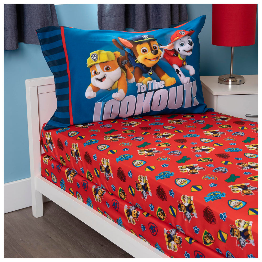 Paw Patrol Sheet Set - Fits Toddler Bed or Crib Mattress - Fitted Sheet and Reversible Pillowcase, Red