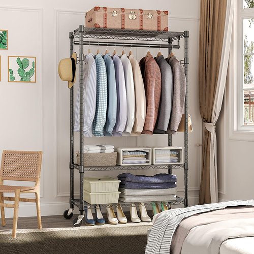 M MZG Heavy Duty Rolling Garment Rack 3 Tiers Adjustable Wire Shelving Clothes Rack with Rods and Side Hooks,Storage Closet Clothing Rack with Wheels Black 15.7" D x 29.5" W x 74.5" H