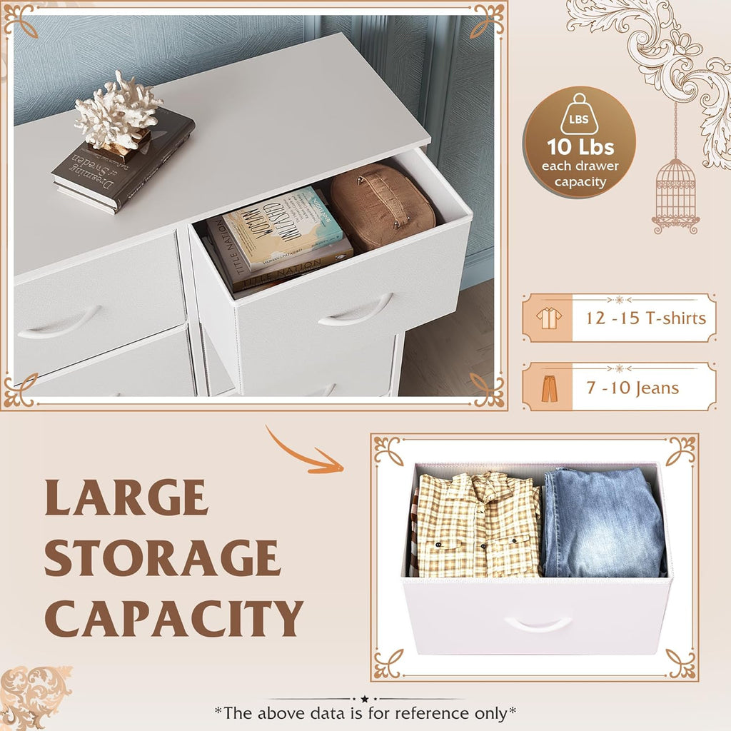 WLIVE White Dresser - 6 Fabric Drawers with Metal Frame & Wooden Top | Versatile Storage for Bedroom, Living Room, Hallway