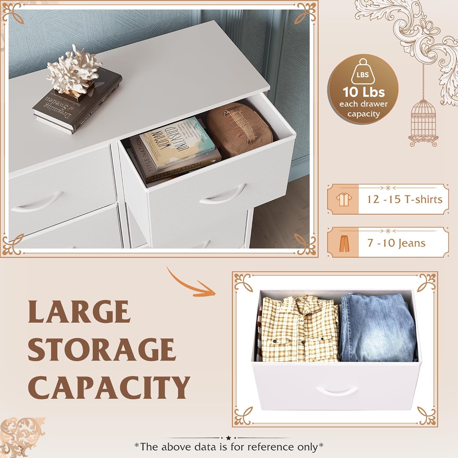 WLIVE White Dresser - 6 Fabric Drawers with Metal Frame & Wooden Top | Versatile Storage for Bedroom, Living Room, Hallway