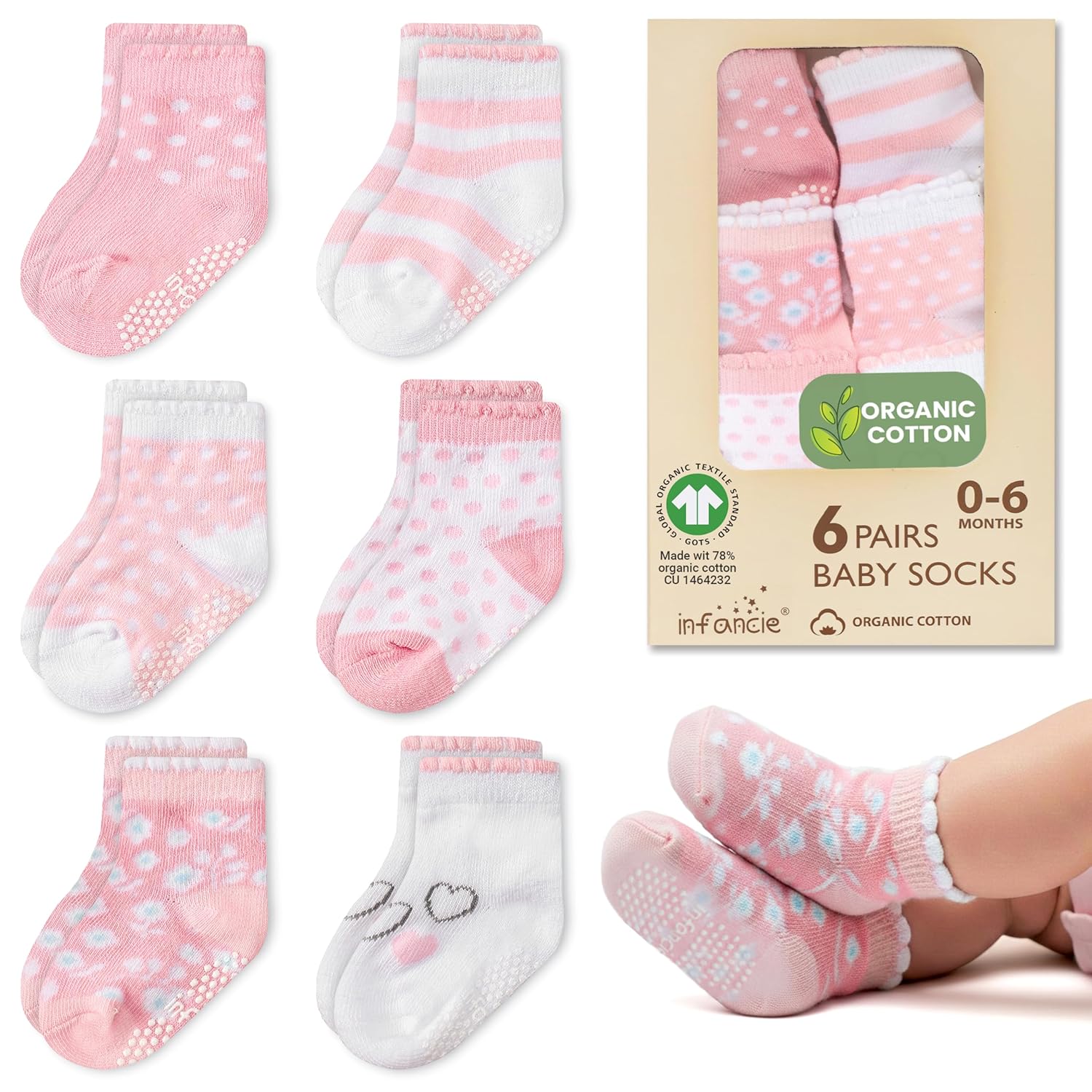 Skiennix Organic Cotton Baby Socks - GOTS Certified, Soft & Breathable | 6 Pairs for Newborn Girls (0-6 Months)
