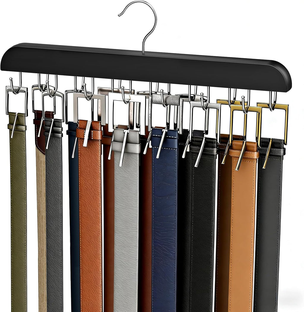 Skiennix Belt Hanger - Sturdy Wood Belt Rack Organizer with 14 Hooks | Max 42 Belts - Black