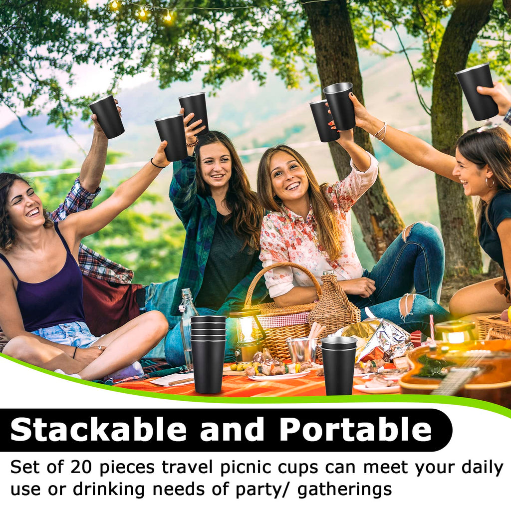 Mimorou 20 Pack Stainless Steel Pint Cups Metal Cups Unbreakable Drinking Water Tumblers Stackable Tumbler for Adults Bar Home Restaurant Travel Picnic Camping Outdoor (Black,16 oz)