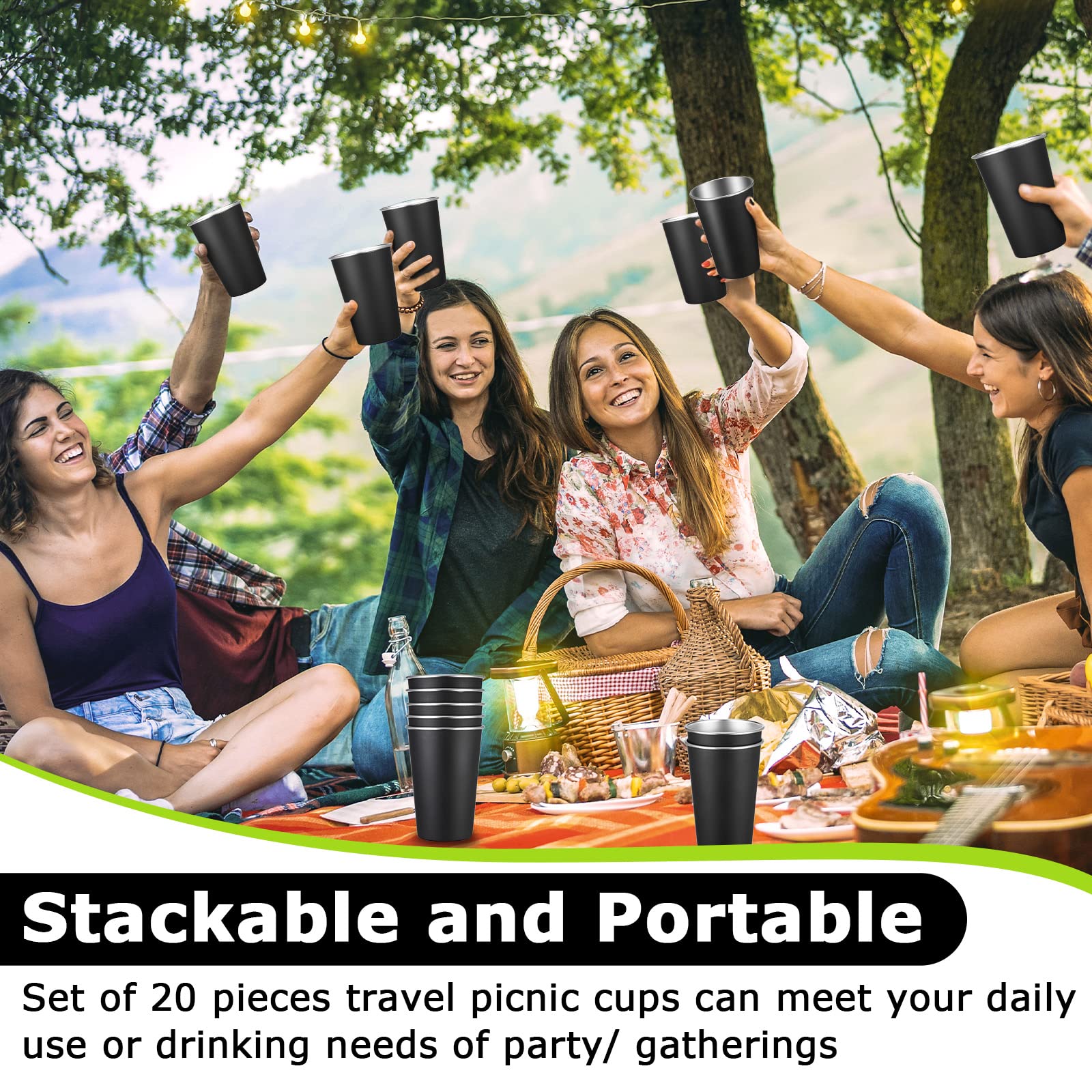 Mimorou 20 Pack Stainless Steel Pint Cups Metal Cups Unbreakable Drinking Water Tumblers Stackable Tumbler for Adults Bar Home Restaurant Travel Picnic Camping Outdoor (Black,16 oz)