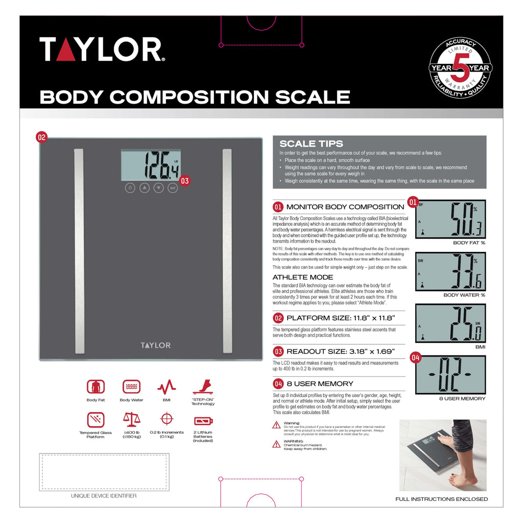 Taylor Digital Body Composition Scale, Bathroom Scale for Body Weight, Measures Body Fat, Body Water & Muscle Mass, 8 User Recognition, Normal & Athlete Modes, 400 lb Capacity, Black