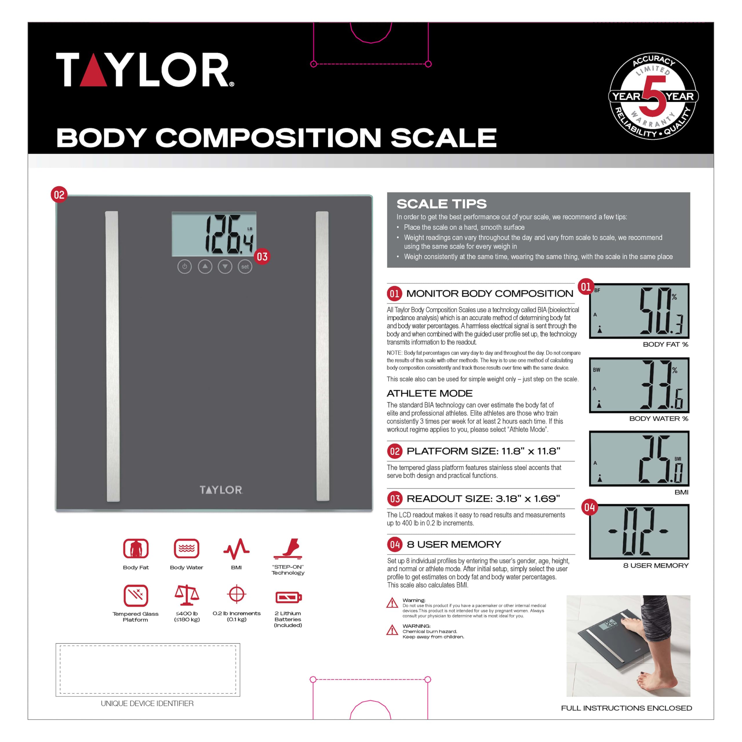 Taylor Digital Body Composition Scale, Bathroom Scale for Body Weight, Measures Body Fat, Body Water & Muscle Mass, 8 User Recognition, Normal & Athlete Modes, 400 lb Capacity, Black