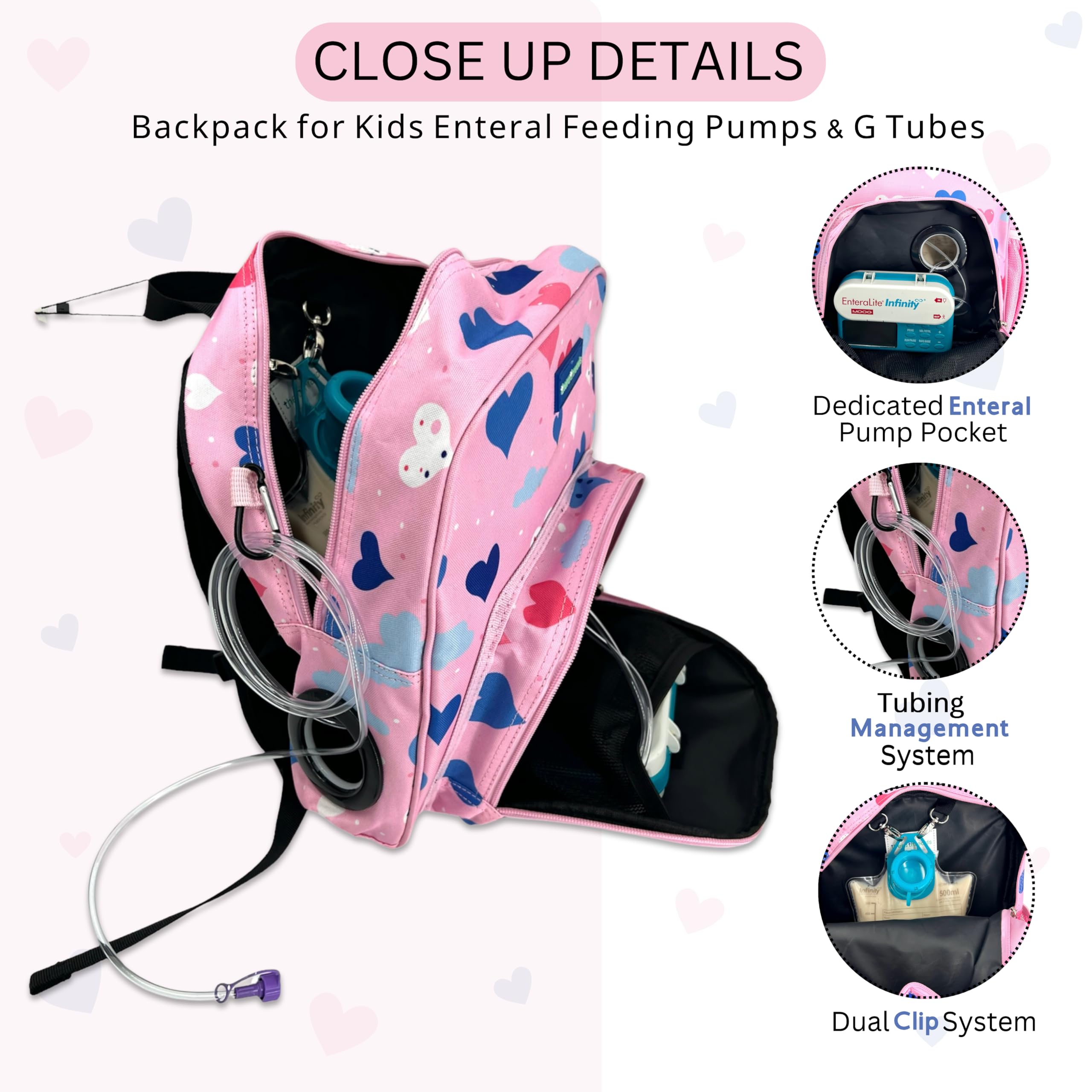 therathreads Junie Feeding Tube Backpack for Kids Enteral Feeding Pumps (EnteraLite Infinity and Kangaroo Joey), G Tube, J Tube, GJ Tube, PEG Tube Bag fits 500mL to 1L Capacity Bags (Hearts)
