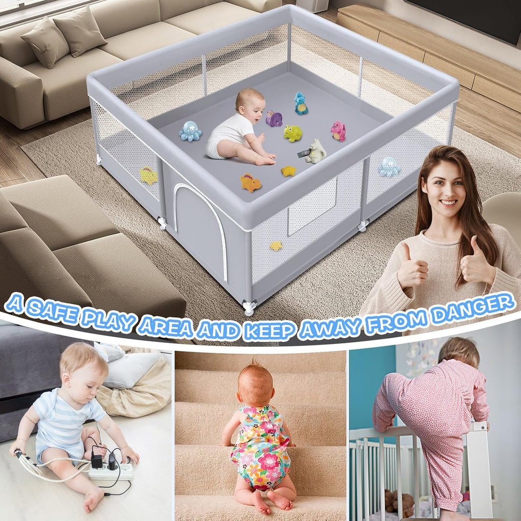 XVISHX Baby Playpen - 50 x 50 Inch Indoor & Outdoor Playard with Soft Mesh & Skin-Friendly Fabric - Grey