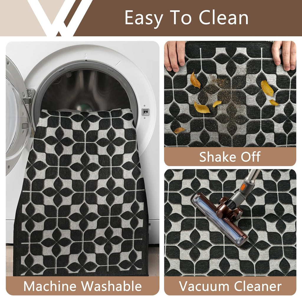 Skiennix Front Door Mat - Washable All-Weather Black Trellis Design | 24"x36" Non-Slip Easy Clean Rug