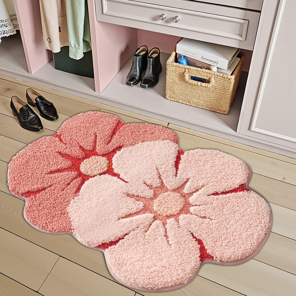 LUMI Flower Bath Rug, Funny Floral Bath Mat, Soft Plush Fluffy Red Rug, Absorbent, Non-Slip for Bathroom, Kitchen Sink, Bedroom, Kid's Bedroom, and Living Room, 20"x32", Bliss Pink